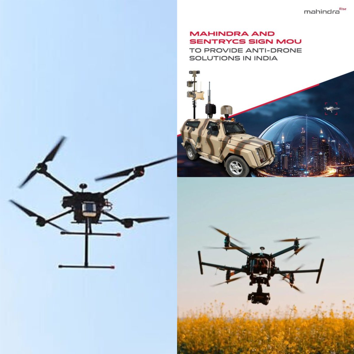 AnilKum_Singh7's tweet image. Mahindra signs MoU with #Sentrycs to deliver cutting-edge Anti-Drone Solutions in India, enhancing security for both civilian and military applications. 🚁🇮🇳 #TechInnovation #DroneDefense #DefenseTech