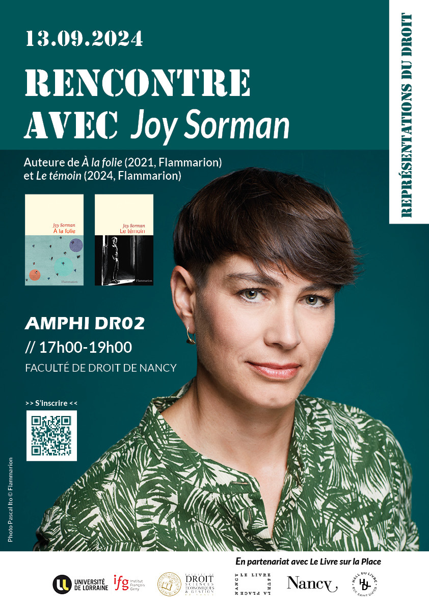 Rencontre avec Joy Sorman, 
Auteure de "À la folie" et "Le témoin" <a href="/Ed_Flammarion/">Editions Flammarion</a>
 
📅 Vendredi 13 avril 2024
⌚ 17h-19h
📍 Amphi DR02 @Fac_Droit_Nancy <a href="/Univ_Lorraine/">Lorraine</a>
 
&gt;&gt; S'inscrire ➡ forms.gle/nt6ku4beaR2DQi…

cc @sinelege_jbt @livresurlaplace @villedenancy <a href="/halldulivre/">HallDuLivre</a>