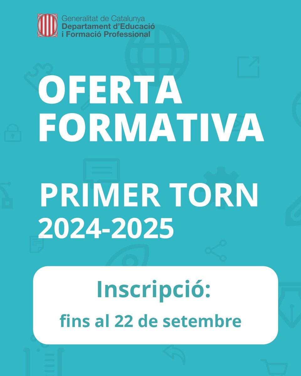 S'ha obert  la convocatòria del primer torn de l'oferta formativa 2024-2025. Consulteu-ne l'enllaç.

📅 Inscripció: fins al 22 de setembre

🔗 xtec.gencat.cat/ca/formacio/in…

#AlsCentres