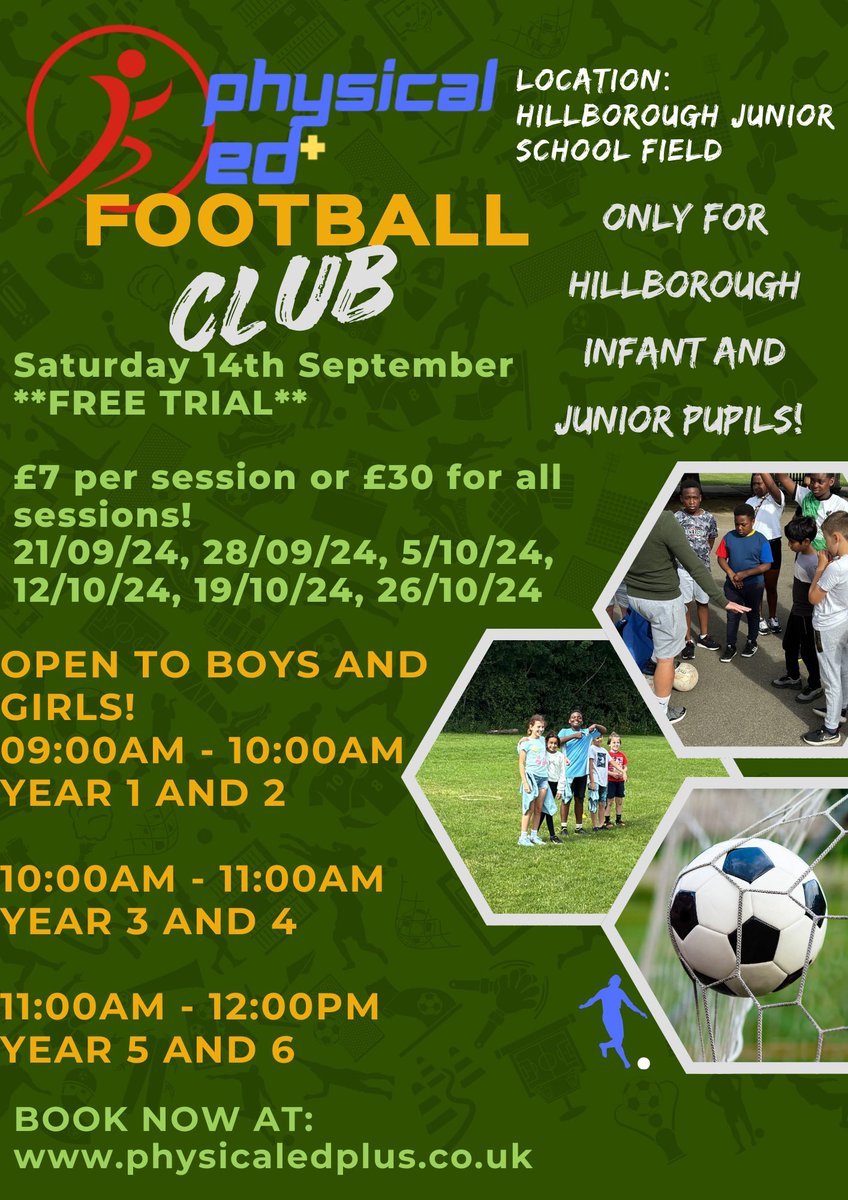 We’ve launched our Saturday morning Football Club! Starting with a free trial on the 14th September! Please note this club is only for Hillborough Infant and Hillborough Junior pupils. Visit physicaledplus.co.uk to book your child’s place! ⚽️ <a href="/hillboroughinf/">Hillborough Infant and Nursery School</a> <a href="/HillboroughJun1/">Hillborough Junior School</a>