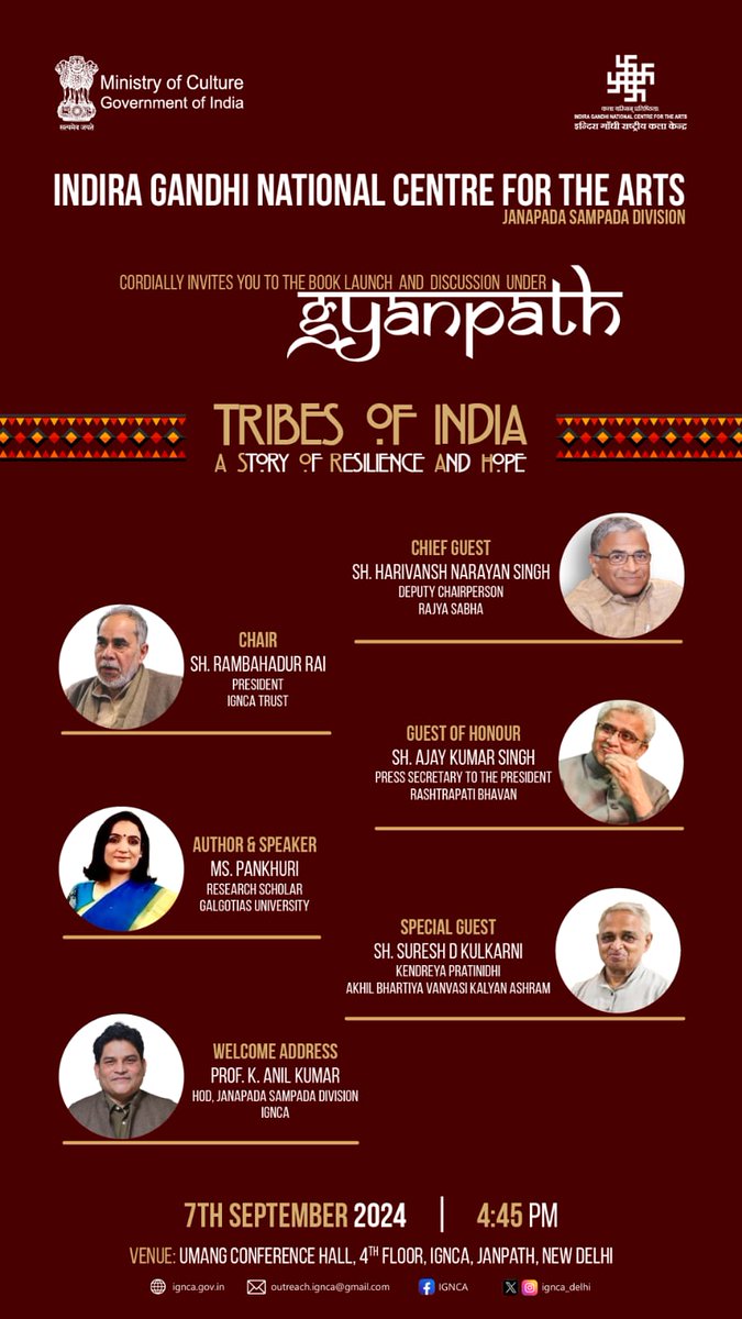 ignca_delhi's tweet photo. Indira Gandhi National Centre for the Arts is organizing a book launch 📖 and discussion titled "𝑻𝒓𝒊𝒃𝒆𝒔 𝒐𝒇 𝑰𝒏𝒅𝒊𝒂: 𝑨 𝑺𝒕𝒐𝒓𝒚 𝒐𝒇 𝑹𝒆𝒔𝒊𝒍𝒊𝒆𝒏𝒄𝒆 𝒂𝒏𝒅 𝑯𝒐𝒑𝒆" on 7th September 2024, 🕔 4:45 PM at the Umang Conference Hall, IGNCA, New Delhi.

#gyanpath #culture #tribal 

@MinOfCultureGoI @AmritMahotsav @gssjodhpur @Rao_InderjitS @mygovindia