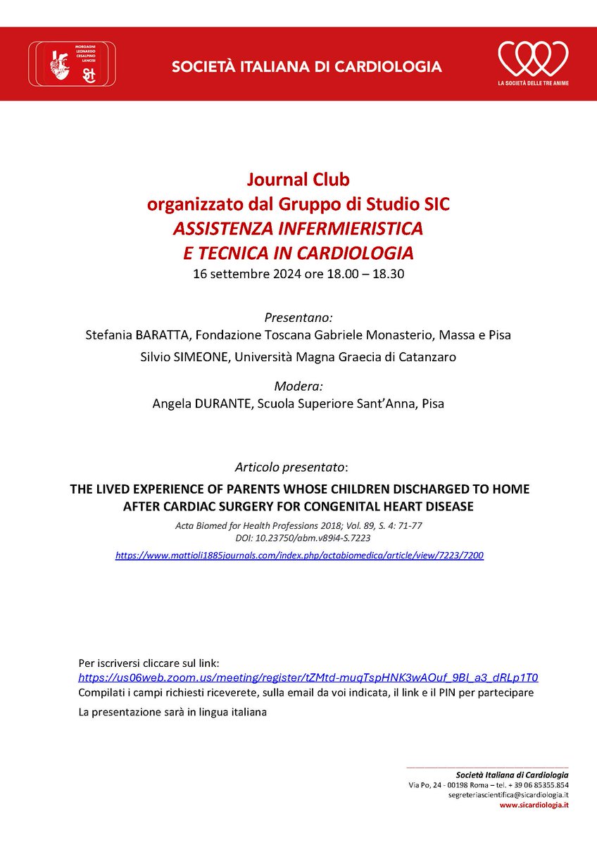 Non perdere il JOURNAL CLUB del GdS di ASSISTENZA INFERMIERISTICA E TECNICA IN CARDIOLOGIA si terrà:

16 settembre ore 18.00 – 18.30

Link per iscriversi: us06web.zoom.us/meeting/regist…