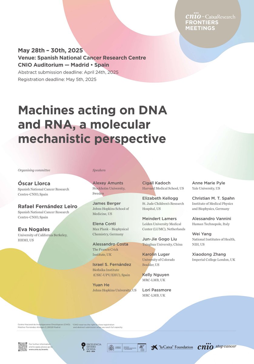 Join us in sunny Madrid☀️ on May 2025 for "Machines acting on DNA and RNA" at the <a href="/CNIOStopCancer/">CNIO Stop Cancer</a> 

All things D/RNA! 🧬Replication + transcription + translation + chromatin + repair + processing🧬

Org: <a href="/OscarLlorcaCNIO/">Oscar Llorca</a> <a href="/rfleiro/">Rafa F Leiro</a> <a href="/NogalesLab/">The Nogales Lab</a> 

+info below 👇