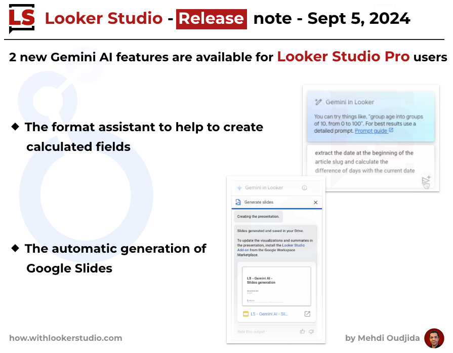 #LookerStudio New Release - September 5,2024

2 Gemini AI features are now available in 
Looker Studio Pro

➡️ The format assistant to create calculated fields
➡️ The generation of Google Slides 

Here my feedback during my preview tests
how.withlookerstudio.com/tag/gemini-ai/