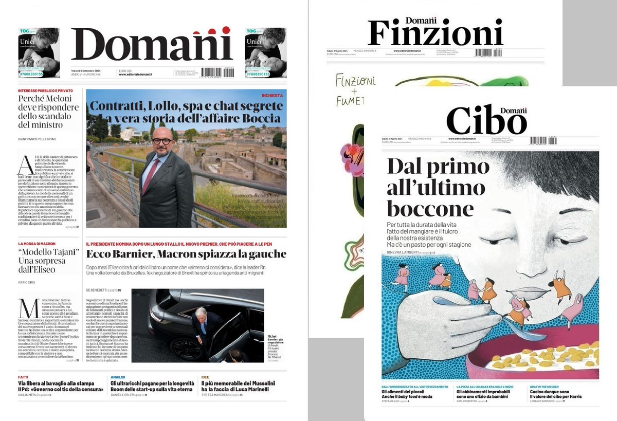 PazzoPerDomani's tweet image. #6settembre venerdì in prima: incipit-anteprima su rispondere di Meloni e sorpresa all’Eliseo, fotonotizia sulla vera storia dell’affaire Boccia, apertura su Macron e Barnier, richiami a bavaglio alla stampa, longevità ultraricchi, serie tv su “M” + supplementi #Finzioni e #Cibo