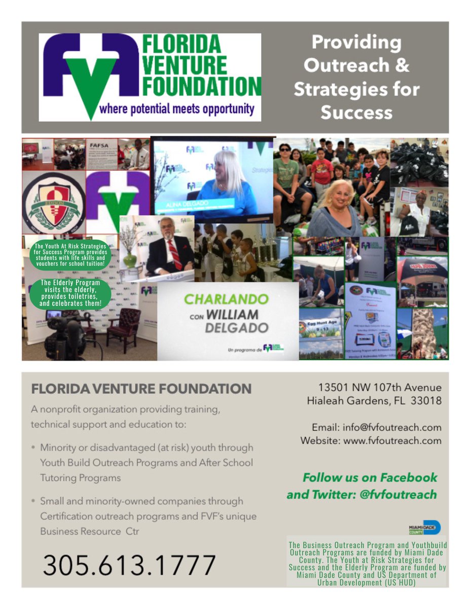 🤝Highlighting one of our longtime community partners: FLORIDA VENTURE FOUNDATION (FVF)
FVF is a nonprofit providing community outreach and strategies for success in different areas through training, technical support and education

#LABAcommunity #leadership