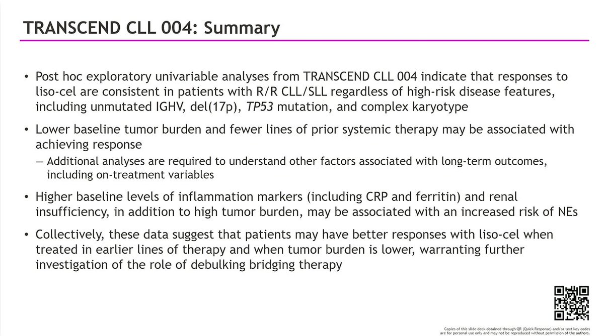 CONGRESS | #SOHO2024
William Wierda, <a href="/MDAndersonNews/">MD Anderson Cancer Center</a>, presents post hoc exploratory analysis results of the phase I/II TRANSCEND CLL 004 study evaluating characteristics associated with response to liso-cel in pts with R/R CLL/SLL (n=87). OR and CR rates did not correlate with