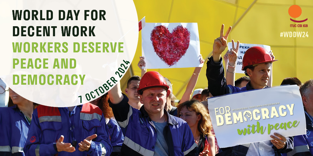 EricChipulina's tweet photo. 📌World Day For Decent Work 2024 #WDDW24
🗓️7 October
 
🕊️Trade unions stand for peace and democracy.
📢Without peace, there can be no social justice!
🙅‍♀️🚀We must invest in a just and peaceful world, not in weapons.
https://t.co/tFd1NzacWT