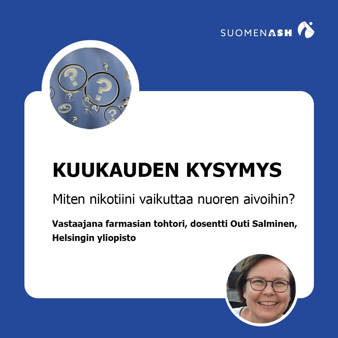 Suomen ASH 🇺🇦 (@suomenash) on Twitter photo ❓Miten nikotiini vaikuttaa nuoren aivoihin?
Kuukauden kysymykseen vastaa farmasian tohtori, dosentti Outi Salminen <a href="/outisusanna/">Outi Salminen</a>
🎦 Katso video 👉suomenash.fi/kuukauden-kysy… #nikotiini #vape #nikotiinipussit #nuoret #KuukaudenKysymys ❓Miten nikotiini vaikuttaa nuoren aivoihin?
Kuukauden kysymykseen vastaa farmasian tohtori, dosentti Outi Salminen <a href="/outisusanna/">Outi Salminen</a>
🎦 Katso video 👉suomenash.fi/kuukauden-kysy… #nikotiini #vape #nikotiinipussit #nuoret #KuukaudenKysymys
