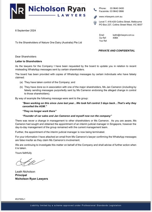 stockswami's tweet photo. Wait there's more.....
Assad Tannous has been sending whatsapp messages claiming to have overtaken Nature One Dairy #ND1 with Jan Cameron.
Cameron's lawyers sent a letter to all shareholders claiming those messages were false. https://t.co/PMZ2Uxprlc