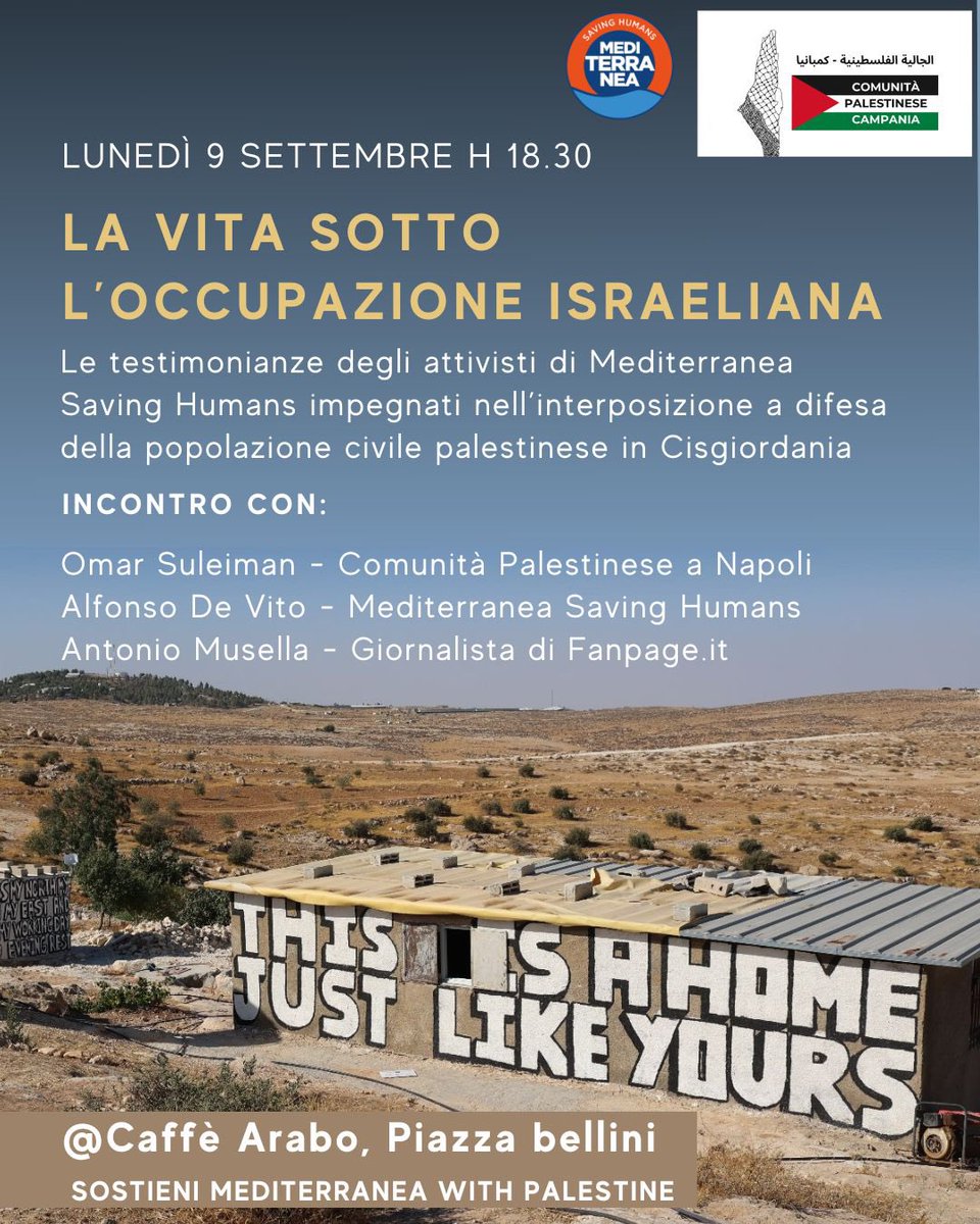 Lunedì a Napoli, a Piazza Bellini, ci vediamo per raccontarvi cosa abbiamo visto in Palestina e la realtà delle politiche di occupazione. Con <a href="/RescueMed/">Mediterranea Saving Humans</a>