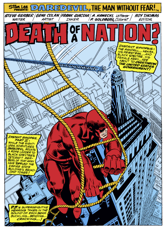 MarvelADay's tweet photo. #MarvelADay #DD112 Here’s a killer splash page from Gene “The Dean” Colan and “Fearless” Frank Giacoia (who always makes Gene look great.) Steve “Baby” Gerber succinctly sums up the story for any faithless ones who missed the past week of Marvel A Day. mcm https://t.co/V4IQK55ryR