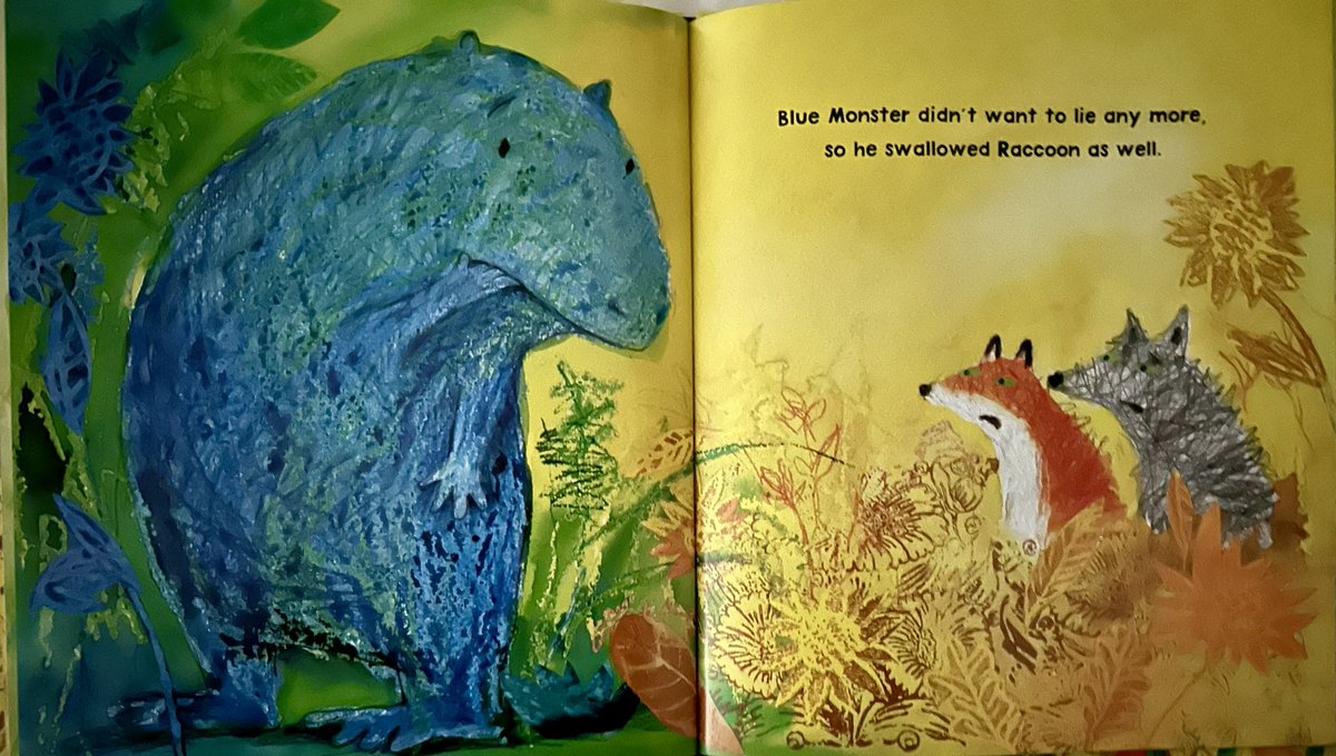#NewIllustrationoftheDay by Petr Horacek. Layered texture, expressive characters, glowing colour in a spread from Blue Monster, a funny, original, handmade picturebook about a monster who swallows friends when he’s unsettled by them. Just out (5 Sept). <a href="/OtterBarryBooks/">Otter-Barry Books</a> <a href="/PHoracek/">Pavel Horáček</a>