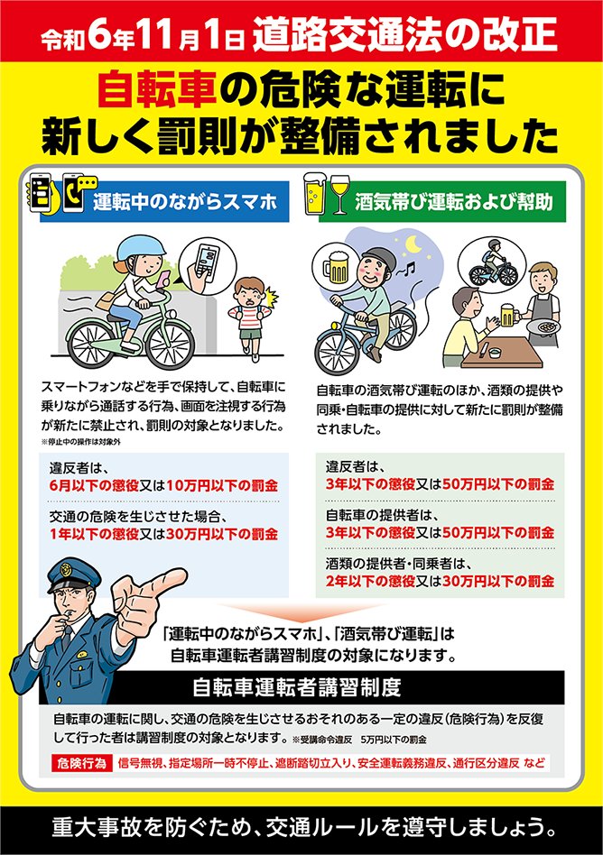 NPA_KOHO's tweet photo. 🚨自転車運転中のながらスマホ、酒気帯び運転は絶対ダメ！🚨

自転車の危険な運転に新しく罰則が整備されました（令和6年11月1日施行）。重大事故を防ぐため、交通ルールを守りましょう。＃自転車 ＃ながらスマホ ＃飲酒運転 ＃道路交通法 ＃交通安全
自転車の交通ルール👇
https://t.co/oLU0GGvsth https://t.co/f7EODQf547