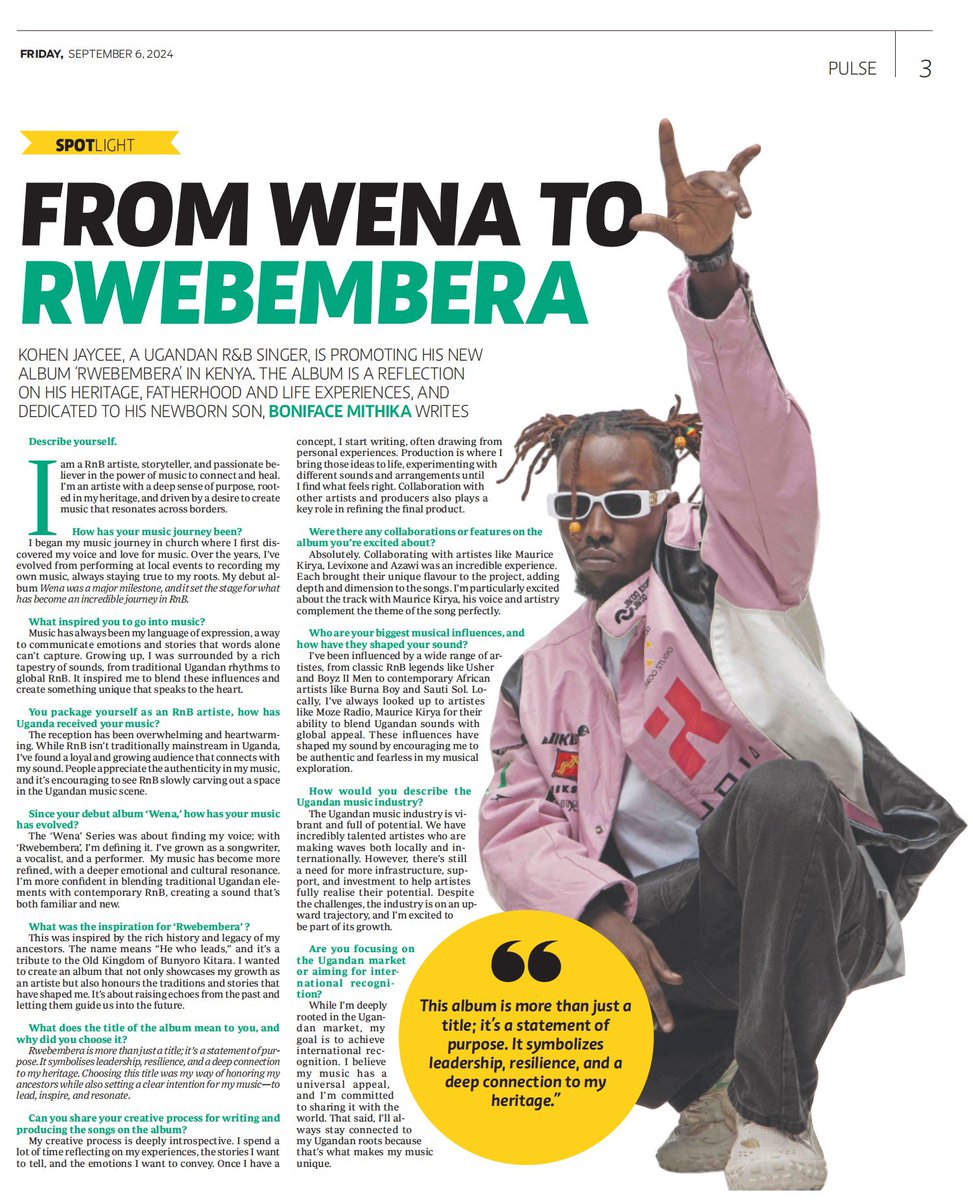 KOHEN JAYCEE (@kohenjaycee) on Twitter photo FROM #WENA TO #RWEBEMBERA🔰- Catch my Exclusive Interview In The Standard 🇰🇪 Today
Cc <a href="/pulsekenya/">Pulse Kenya</a> FROM #WENA TO #RWEBEMBERA🔰- Catch my Exclusive Interview In The Standard 🇰🇪 Today
Cc <a href="/pulsekenya/">Pulse Kenya</a>