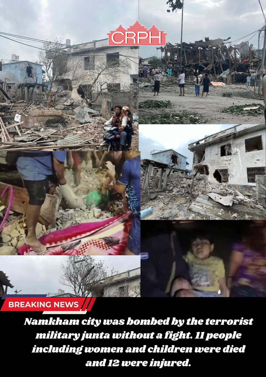 CrphMyanmar's tweet photo. Breaking News: The military junta bombed Namkham, Shan State occupied by the TNLA in northern Shan State without a fight on 6 September. 

1️⃣1️⃣ people including pregnant women and children were killed and 1️⃣2️⃣ were injured according to @Khithitofficial .

#NotATarget 
#Myanmar https://t.co/1DCiqK14dm