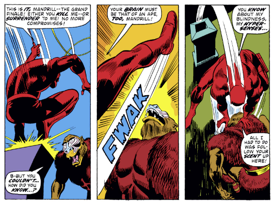 MarvelADay's tweet photo. #MarvelADay #DD112 Cowardly Mandrill tries to escape, but Daredevil easily follows him. Mandrill’s strength gives him an edge, but Black Widow has rigged the blimp to explode (the humanity!) and that gives Daredevil the break he needs to kick Mandrill… mcm https://t.co/aoe8nwnubV