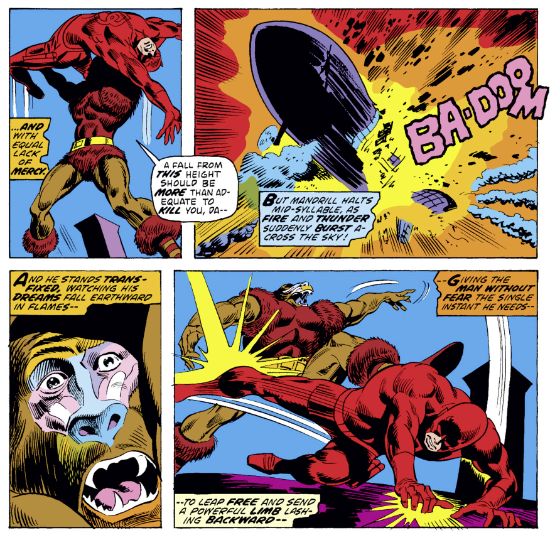 MarvelADay's tweet photo. #MarvelADay #DD112 Cowardly Mandrill tries to escape, but Daredevil easily follows him. Mandrill’s strength gives him an edge, but Black Widow has rigged the blimp to explode (the humanity!) and that gives Daredevil the break he needs to kick Mandrill… mcm https://t.co/aoe8nwnubV