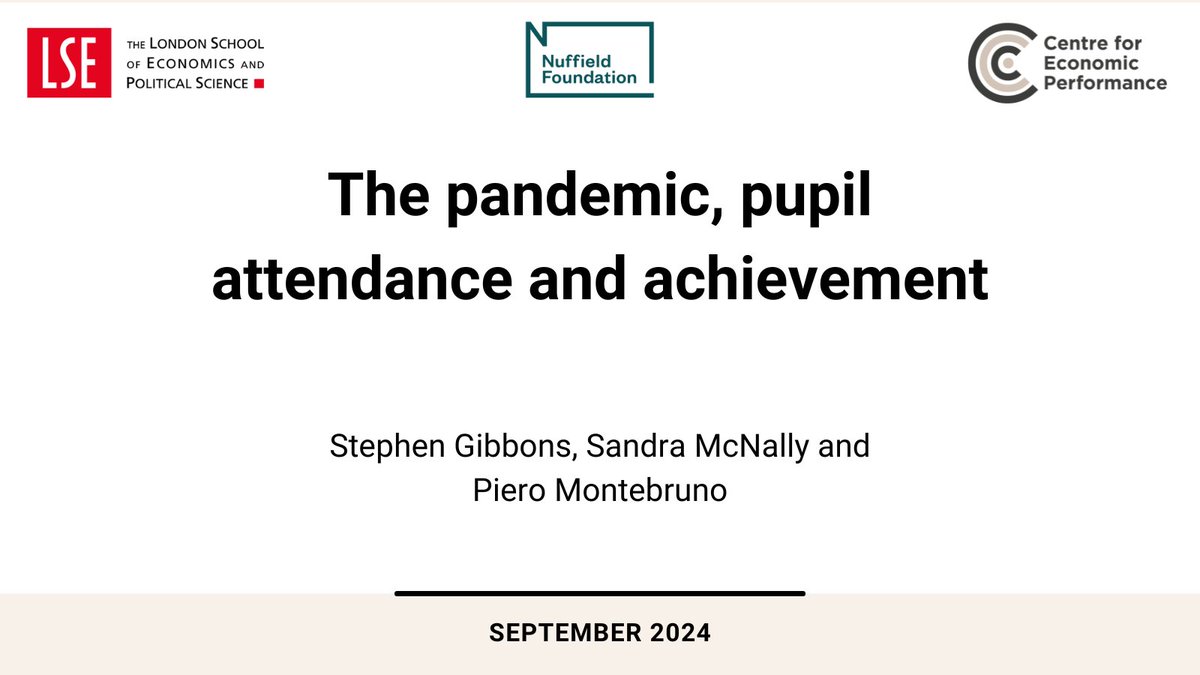 Centre for Economic Performance (@cep_lse) on Twitter photo Out now! The high levels of pupil absence in England since the pandemic are likely due to a shift in attitudes towards school attendance induced by restrictions at the time.
Stephen Gibbons <a href="/Sandra_McNally/">Sandra McNally</a> and Piero Montebruno
<a href="/NuffieldFound/">Nuffield Foundation</a>
Read: cep.lse.ac.uk/pubs/download/⦠Out now! The high levels of pupil absence in England since the pandemic are likely due to a shift in attitudes towards school attendance induced by restrictions at the time.
Stephen Gibbons <a href="/Sandra_McNally/">Sandra McNally</a> and Piero Montebruno
<a href="/NuffieldFound/">Nuffield Foundation</a>
Read: cep.lse.ac.uk/pubs/download/ā¦