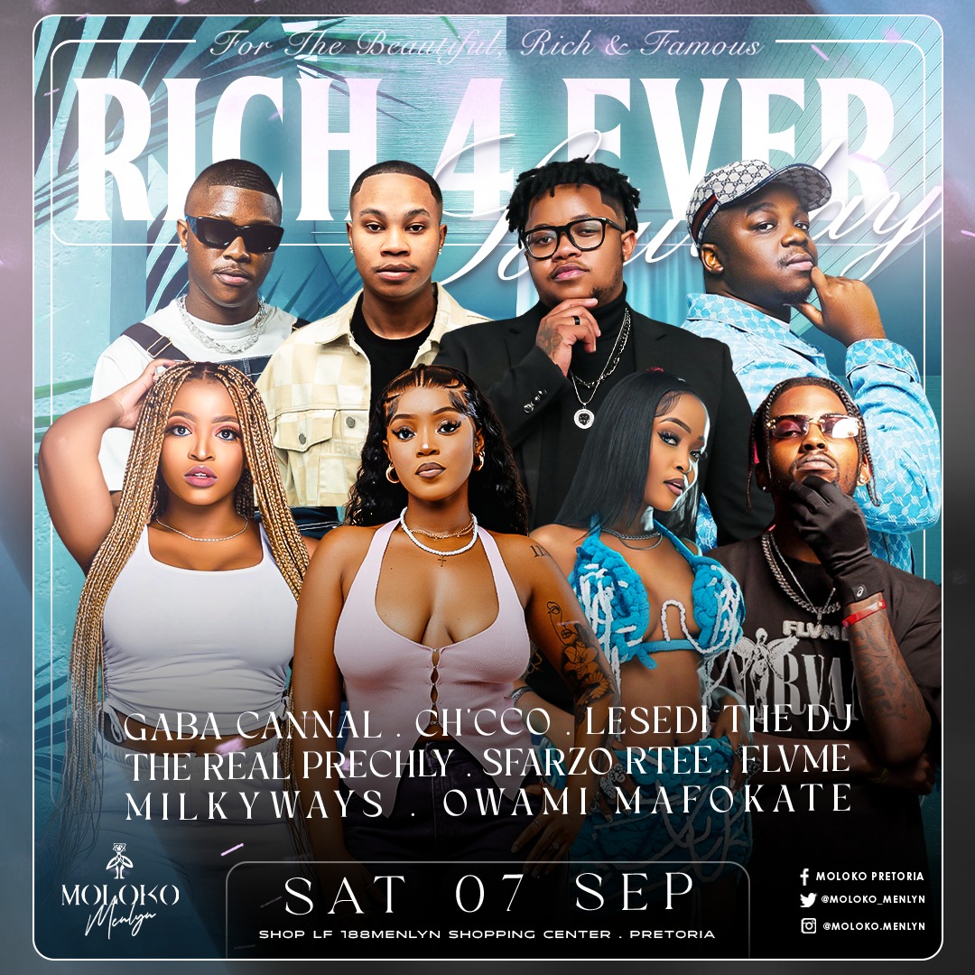 @Leo_Big L (@mutombo_lionel) on Twitter photo #rich4everSaturdays <a href="/Moloko_Menlyn/">Moloko Menlyn</a> with <a href="/TheRealPrechly/">The_real_prechly</a> <a href="/GabaCannal/">#BAW’YENA</a> @Chicco <a href="/Lesedithedj/">LESEDITHEDJ</a> <a href="/SfarzoRtee/">Sfarzo Rtee</a> @FLVME @Milkyways @Owami <a href="/Mafokati/">Lehlogonolo Padi</a>, for your entertainment. Party with us and let's have an amazing night. #apbtp #molokomenlyn #faceofmoloko
<a href="/Thabang_Den/">Thabang</a> @MichelleForbes_ #rich4everSaturdays <a href="/Moloko_Menlyn/">Moloko Menlyn</a> with <a href="/TheRealPrechly/">The_real_prechly</a> <a href="/GabaCannal/">#BAW’YENA</a> @Chicco <a href="/Lesedithedj/">LESEDITHEDJ</a> <a href="/SfarzoRtee/">Sfarzo Rtee</a> @FLVME @Milkyways @Owami <a href="/Mafokati/">Lehlogonolo Padi</a>, for your entertainment. Party with us and let's have an amazing night. #apbtp #molokomenlyn #faceofmoloko
<a href="/Thabang_Den/">Thabang</a> @MichelleForbes_