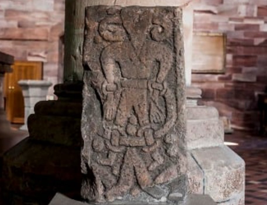 The 10thC Loki Stone, thought by many to depict the Norse god of mischief and discord, discovered at Kirkby Stephen Parish Church, Cumbria, in 1870.