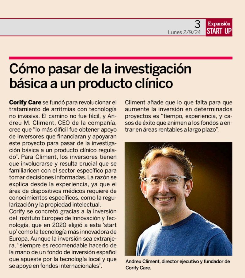 ITACA Institute (@itacaupv) on Twitter photo 🙌A great news!
<a href="/corifyAF/">Corify Care</a> , a spin-off promoted by our <a href="/cor_grupo/">COR Group</a> and the Gregorio Marañon Hospital, has been highlighted by the business newspaper <a href="/expansioncom/">expansioncom</a> :
🤔The reason?
👉The impact of its treatment of #arrhythmias with non-invasive technology.
#MedTech #Startups 🙌A great news!
<a href="/corifyAF/">Corify Care</a> , a spin-off promoted by our <a href="/cor_grupo/">COR Group</a> and the Gregorio Marañon Hospital, has been highlighted by the business newspaper <a href="/expansioncom/">expansioncom</a> :
🤔The reason?
👉The impact of its treatment of #arrhythmias with non-invasive technology.
#MedTech #Startups