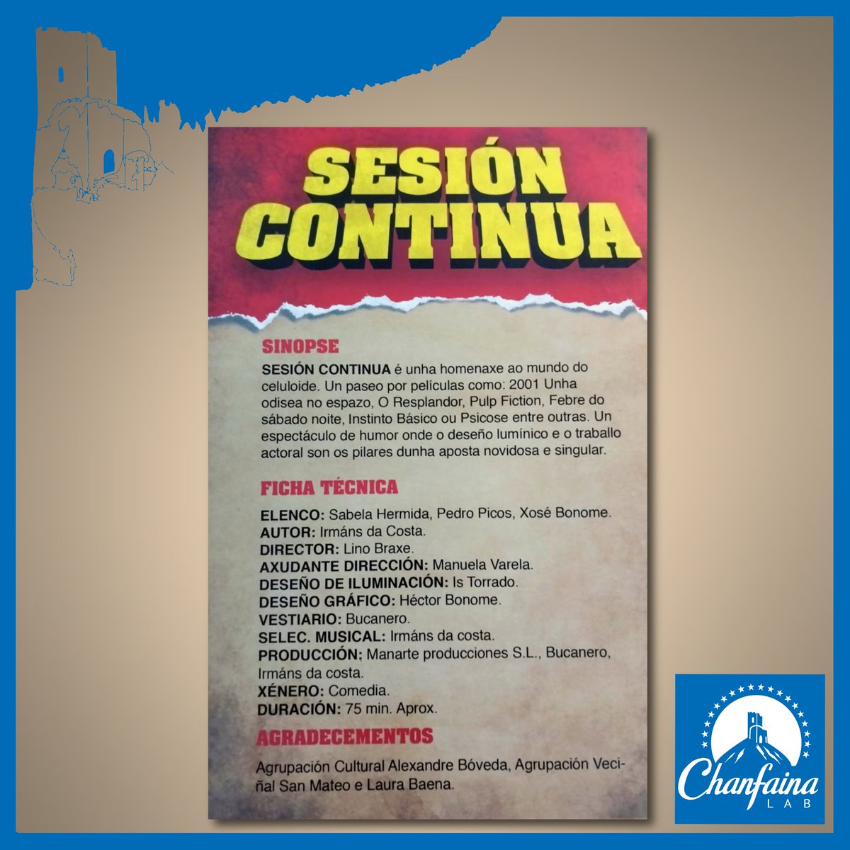 O vindeiro domingo, 8 de setembro, ás 20:00h. poderás gozar do espectáculo teatral “Sesión Continua” na Casa da Cultura de San San Sadurniño, dentro da programación do #9ChanfainaLab da man de @bucaneroteatro .
.
<a href="/concellosansa/">San Sadurniño</a> <a href="/xeocabortegal/">Xeoparque Cabo Ortegal</a> <a href="/DACCultura/">Cultura Depu. Coruña</a>