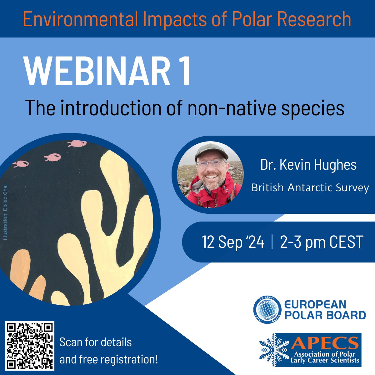 🌱 Join us for the 1st webinar from the series "Minimising the Environmental Impacts of Polar Research" titled "Introduction of Non-Native Species" with Dr. Kevin Hughes (BAS)  📅 12 September at 14:00 CEST Register at europeanpolarboard.org or scan the QR code.