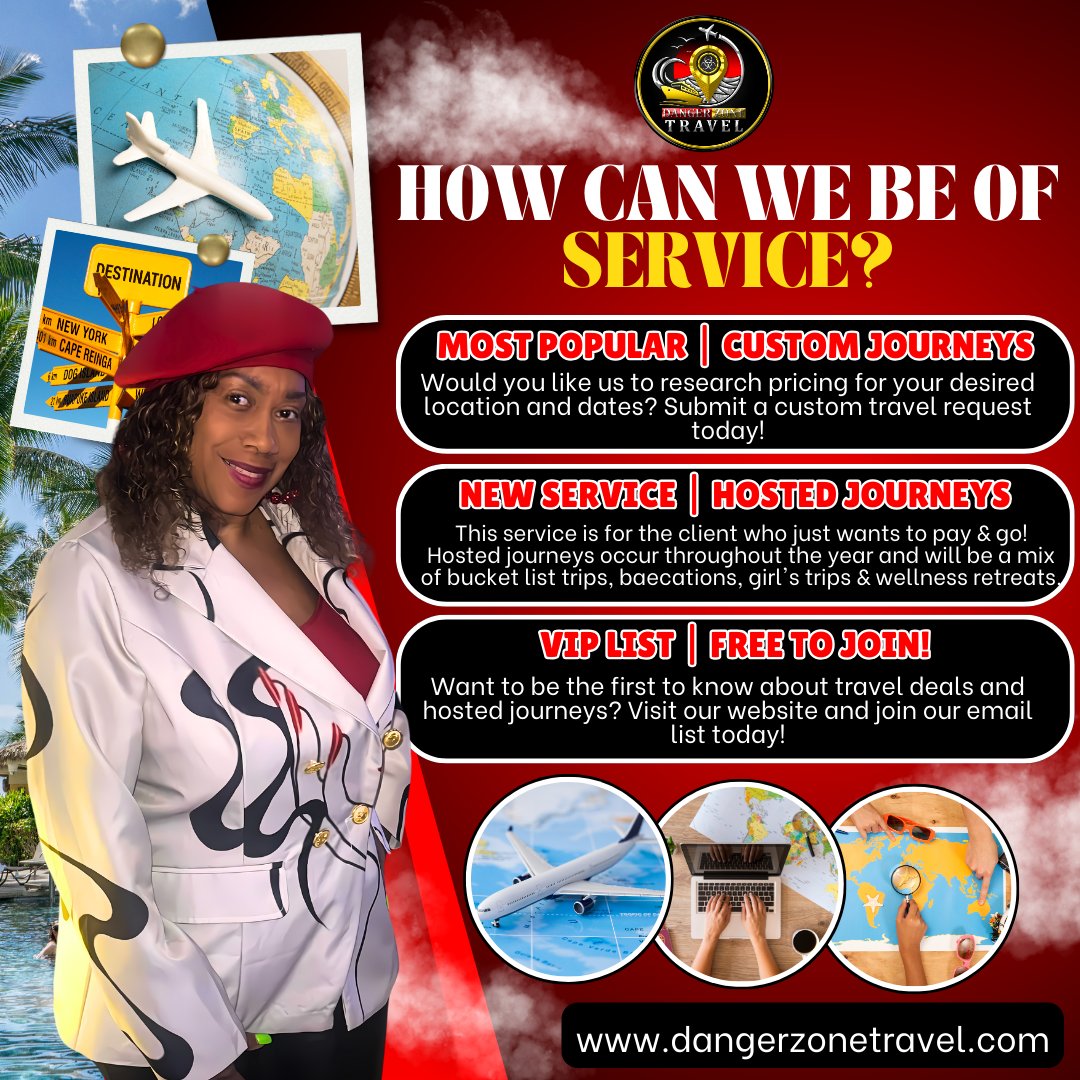 Malibu_Rose's tweet image. How can we be of service to you? 🤔
Whether you need help with travel plans, recommendations, or anything else, we're here to assist! 🌍💬
Let us know how we can make your experience amazing. Drop your questions or requests below!
#dangerzonetravel #HowCanWeHelp