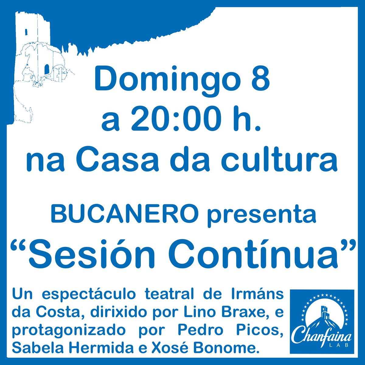 Mañá domingo, 8 de setembro, ás 20:00h. poderás gozar do espectáculo teatral “Sesión Continua” na Casa da Cultura de San San Sadurniño, dentro da programación do #9ChanfainaLab da man da compañía Bucanero.
.
<a href="/concellosansa/">San Sadurniño</a> <a href="/xeocabortegal/">Xeoparque Cabo Ortegal</a> <a href="/DACCultura/">Cultura Depu. Coruña</a>