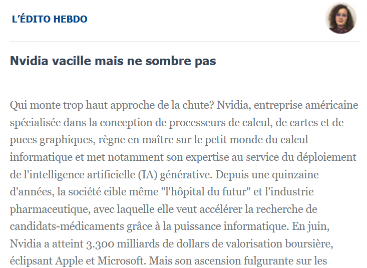 [#Edito]📢Nvidia vacille mais ne sombre pas, par <a href="/wassiniazirar/">Wassinia Zirar</a> 

lire la suite➡️ticpharma.com/edito?ID=2681