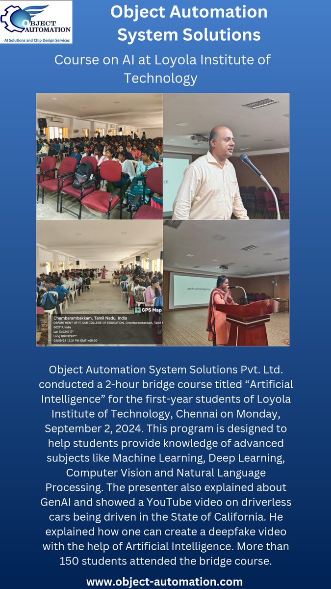 obj_auto's tweet image. Courses on AI at Loyola Institute of Technology 📈💻#objectautomation #dataanalysis #datascience #training #pythonprogramming #genai #nlp #industrialvisits #StudentTraining #internship