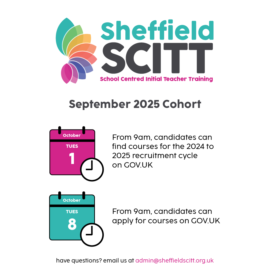 Mark your calendars, it's that time of year... 📅

Our teacher training courses are available to view on the 1st of October and applications open one week later.

Stay tuned for application and interview tips! 👏

#thesheffieldscitt #teachertraining