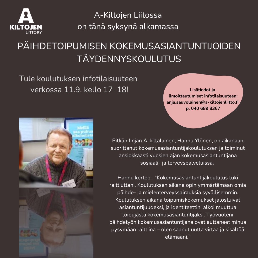 Vaikuttavaan #päihdetyöhön tarvitaan ammattilaisten rinnalle myös #kokemusasiantuntijoita, on <a href="/HannuYlonen/">Hannu Ylönen,vapaa toimittaja, Vantaa</a> usein todennut. 

Nyt A-Kiltojen Liitossa on alkamassa päihdetoipumisen kokemusasiantuntijoille suunnattu täydennyskoulutus. 

Tule koulutusinfoon kuulemaan aiheesta!