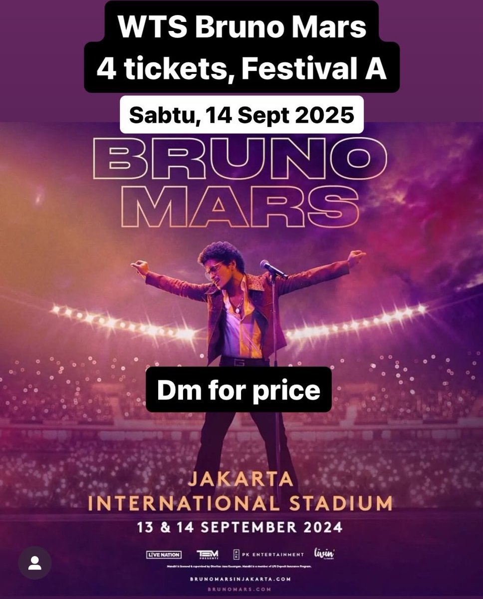 SamuelTaslim's tweet photo. WTS Bruno Mars in Jakarta,
Sabtu 14 Sept,
4 tix, Festival A
Jual Cepettt ajaaaa
DM FOR PRICE
Siap COD Jakbar

#brunomars #brunomarsinjakarta https://t.co/xfAXtvC54l