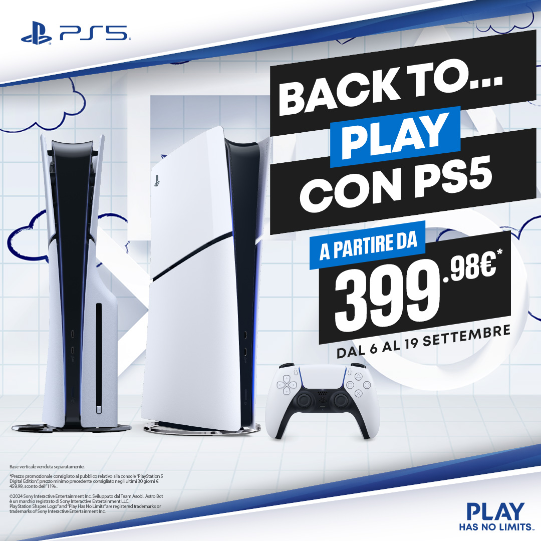 gamelifeitalia's tweet image. Settembre grigio? Ci pensa PS5 con #BackToPlay! 💙

Fino al 19 Settembre, trovi PS5 ad un prezzo speciale, su gamestop.it e in tutti i negozi GameStop.

E se riporti il tuo usato, risparmi ancora di più! 💰
gamesoul.it/ps5-in-offerta…