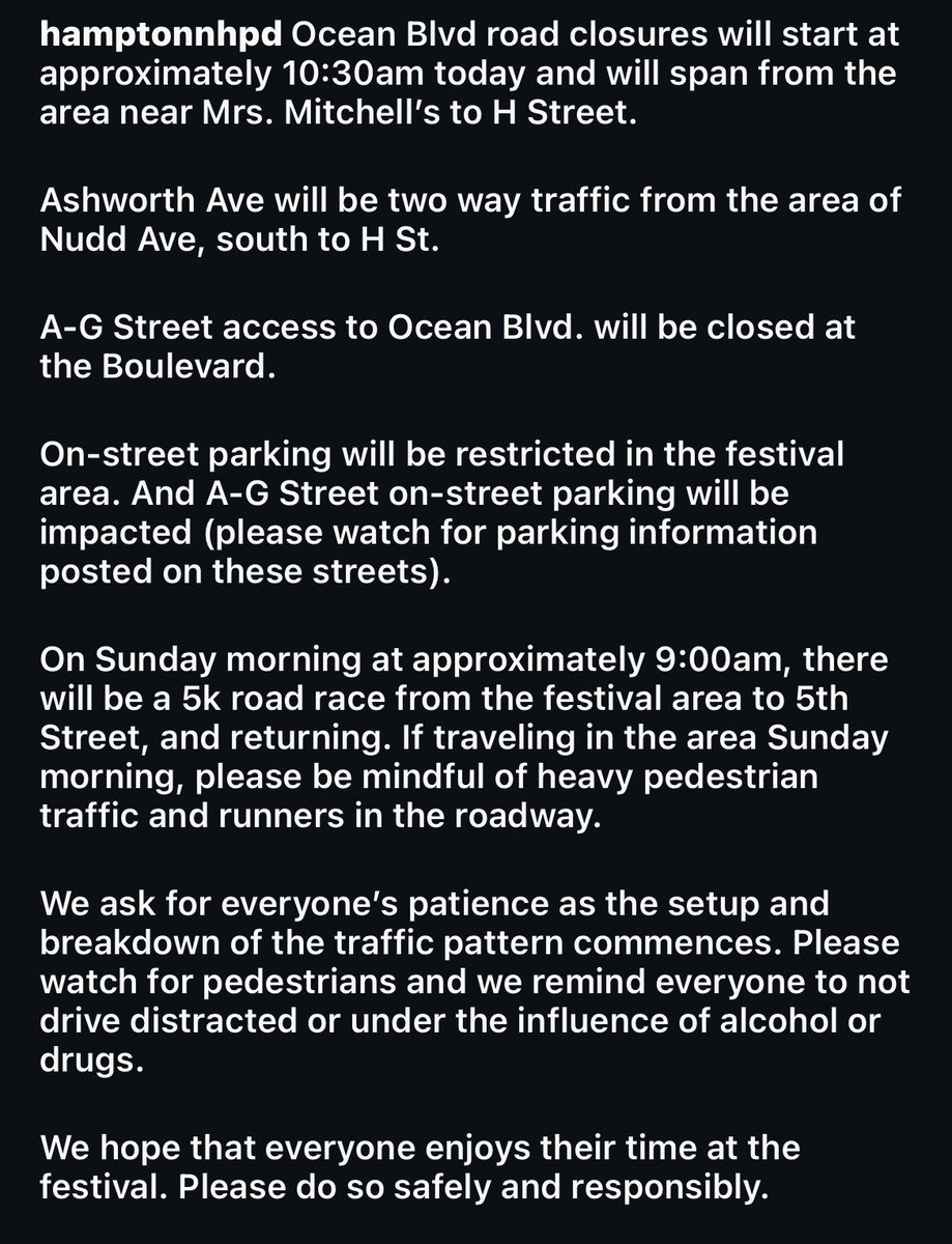 Ocean Blvd road closures will start at approximately 10:30am today and will span from the area near Mrs. Mitchell’s to H Street. 

#hamptonbeachnh #hamptonnh #hamptonseafoodfestival