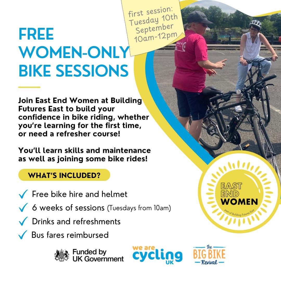 Fancy 6 weeks of FREE Women-only Bike sessions here at BFE? 🚴‍♀️

Sessions start Tuesday 10th September (10am - 12pm):
Book online: bit.ly/BigBikeRevival…
Or call us: 0191 263 2752

📍 All sessions start at Building Futures East, Low Yard, Walker, Newcastle upon Tyne, NE6 3PJ