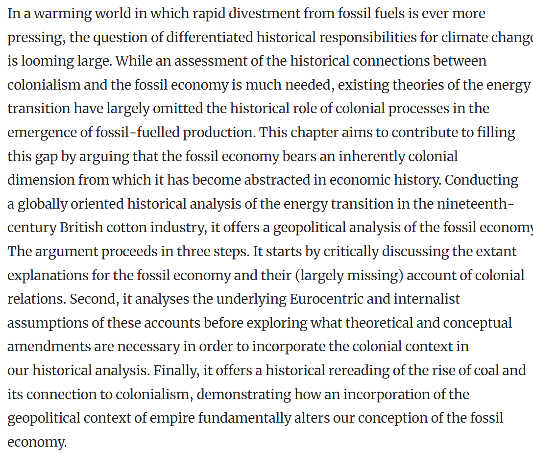 This fantastic analysis by <a href="/SussexUni/">University of Sussex</a> IR MA graduate Johanna Siebert shows how colonialism was central to the emergence of the fossil economy, challenging the Eurocentrism in Marxist IR and existing analyses of the fossil economy. A must-read!
