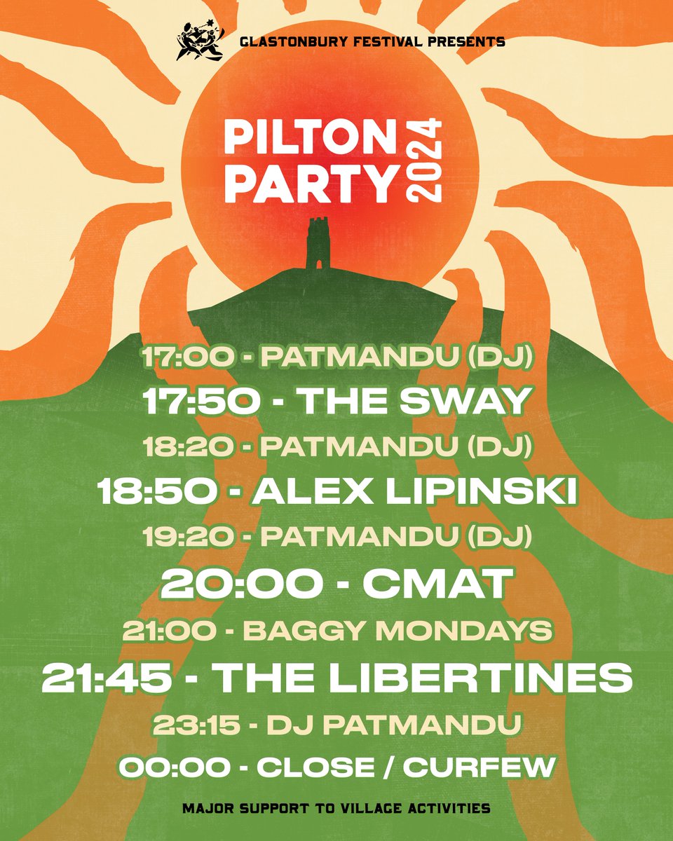 Glastonbury Festival (@glastonbury) on Twitter photo Here are the timings for tonight’s <a href="/Pilton_Party/">Official Pilton Party</a> here at Worthy Farm, featuring The Libertines and CMAT.
Limited tickets available at glas.to/piltonparty24 Here are the timings for tonight’s <a href="/Pilton_Party/">Official Pilton Party</a> here at Worthy Farm, featuring The Libertines and CMAT.
Limited tickets available at glas.to/piltonparty24