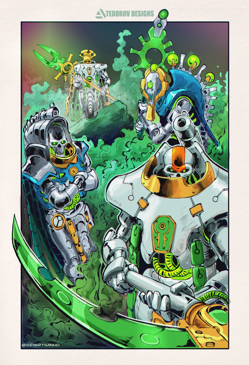 Here is my anime lineup of the necrons. In my head when I visualize this it was either was playing the theme song from Soul Eater or the Boys Are Back in Town. I would love to know what song comes to mind when seeing this! #art #Warhammer40k #comics