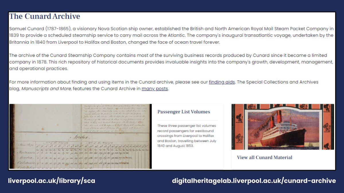 University of Liverpool Library (@livunilibrary) on Twitter photo Calling all #Cunard fans! In honour of Queen Mary 2's historic 400th transatlantic crossing, and her visit to Liverpool (6-7 Sept), we've uploaded Cunard's FIRST EVER passenger lists from 1840-1853 to our Digital Heritage Lab.
Head to ⬇ digitalheritagelab.liverpool.ac.uk/cunard-archive
<a href="/LivUniSCA/">LivUni SCA</a> #QM2 Calling all #Cunard fans! In honour of Queen Mary 2's historic 400th transatlantic crossing, and her visit to Liverpool (6-7 Sept), we've uploaded Cunard's FIRST EVER passenger lists from 1840-1853 to our Digital Heritage Lab.
Head to ⬇ digitalheritagelab.liverpool.ac.uk/cunard-archive
<a href="/LivUniSCA/">LivUni SCA</a> #QM2