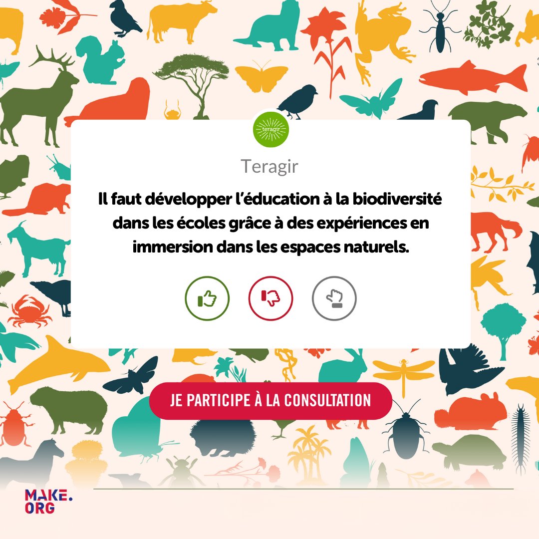 On s’engage avec <a href="/make_org/">Make.org</a> pour protéger la biodiversité et on a besoin de vous ! 🫵
 
Notre proposition : développer l’éducation à la biodiversité dans les écoles avec des expériences immersives en pleine nature. 🌳👧
 
Votez sur biodiversite.make.org

 #AgirPourLaBiodiversité