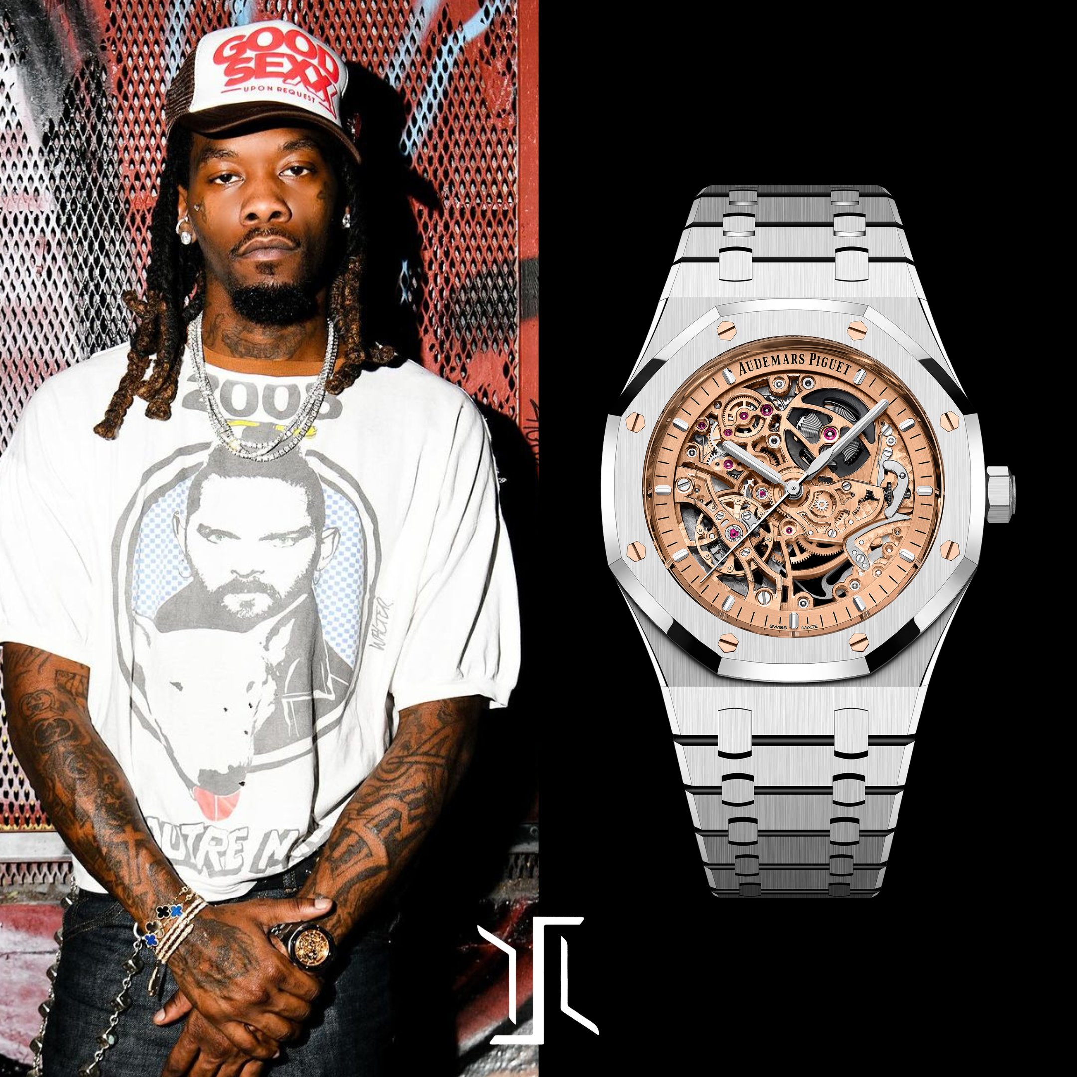 Luxury Shots on X OffsetYRN is wearing an AudemarsPiguet Royal Oak Double Balance Wheel Openworked Reference 15407ST.OO.1220ST.02 in stainless steel. This 41 mm timepiece features a pink gold toned op...
