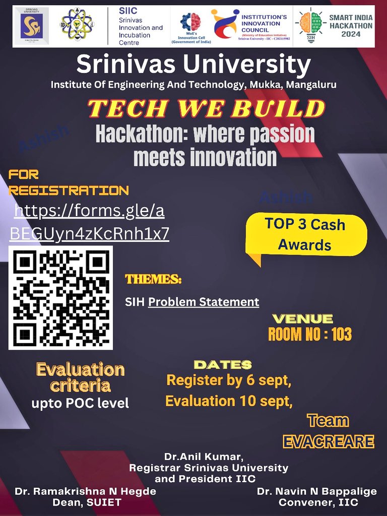 Srinivas University Institute of Engineering &amp; Technology, #SUIET Mukka, Mangaluru wil be organising Internal Hackathon as part of #SmartIndiaHackathon on 10 Sept. Come, Join Us in #SIH2024 #SmartIndiaHackathon2024.
<a href="/SIH2024_MIC/">Smart India Hackathon 2024</a> <a href="/mhrd_innovation/">MOE's Innovation Cell- GOI</a> <a href="/EduMinOfIndia/">Ministry of Education</a> #SrinivasUniversity