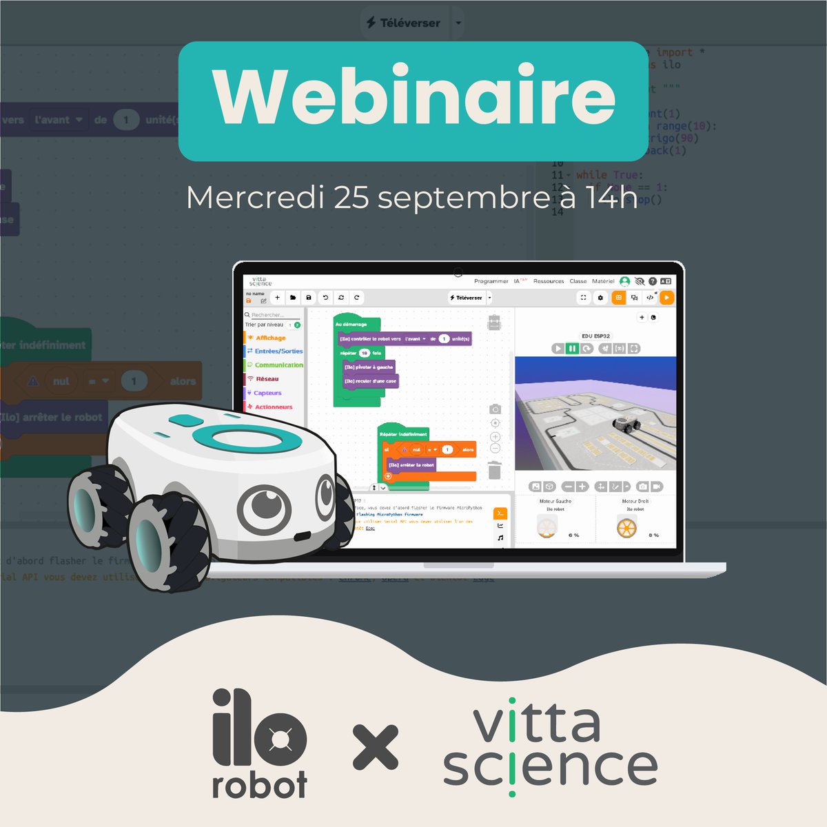 ilo_robot's tweet image. Venez découvrir le robot ilo et l’interface @Vittascience  qui permet de le programmer facilement.
Posez nous toutes vos questions lors de ce webinaire.
C'est en ligne et c'est gratuit !  
Inscription juste ici 👉 info.vittascience.com/ilorobot_webin…