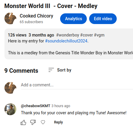 ChicoryCooked's tweet image. When the original composer (Shinichi Sakamoto) pops in the comments of your cover, out of nowhere, and you don't know what to answer. 🥰

I saw less interest in my latest production and that left me wondering. This is encouraging and show I am going in the right direction.