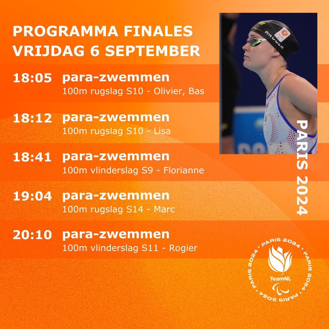 De finales van vanavond 🧡

👉Kijk mee via de NOS of YouTube Paralympics

#paris2024 #SamenSterker #TeamNLparazwemmen