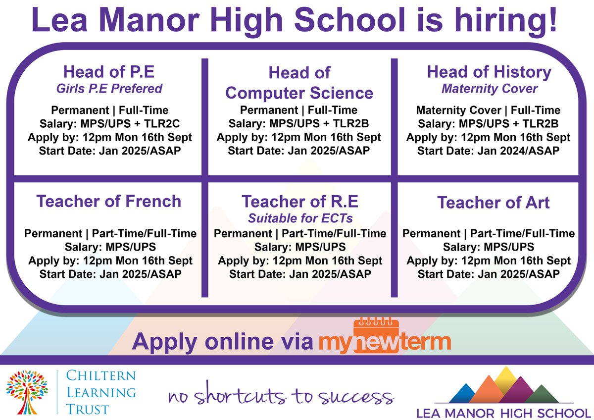 Lea Manor is hiring!

We are looking for strong and resilient leaders to take on Heads of Department roles, and positive and dedicated teachers to teach our pupils their specialist subjects.

Apply to join our team online today via <a href="/mynewterm/">MyNewTerm</a>
mynewterm.com/school/Lea-Man…