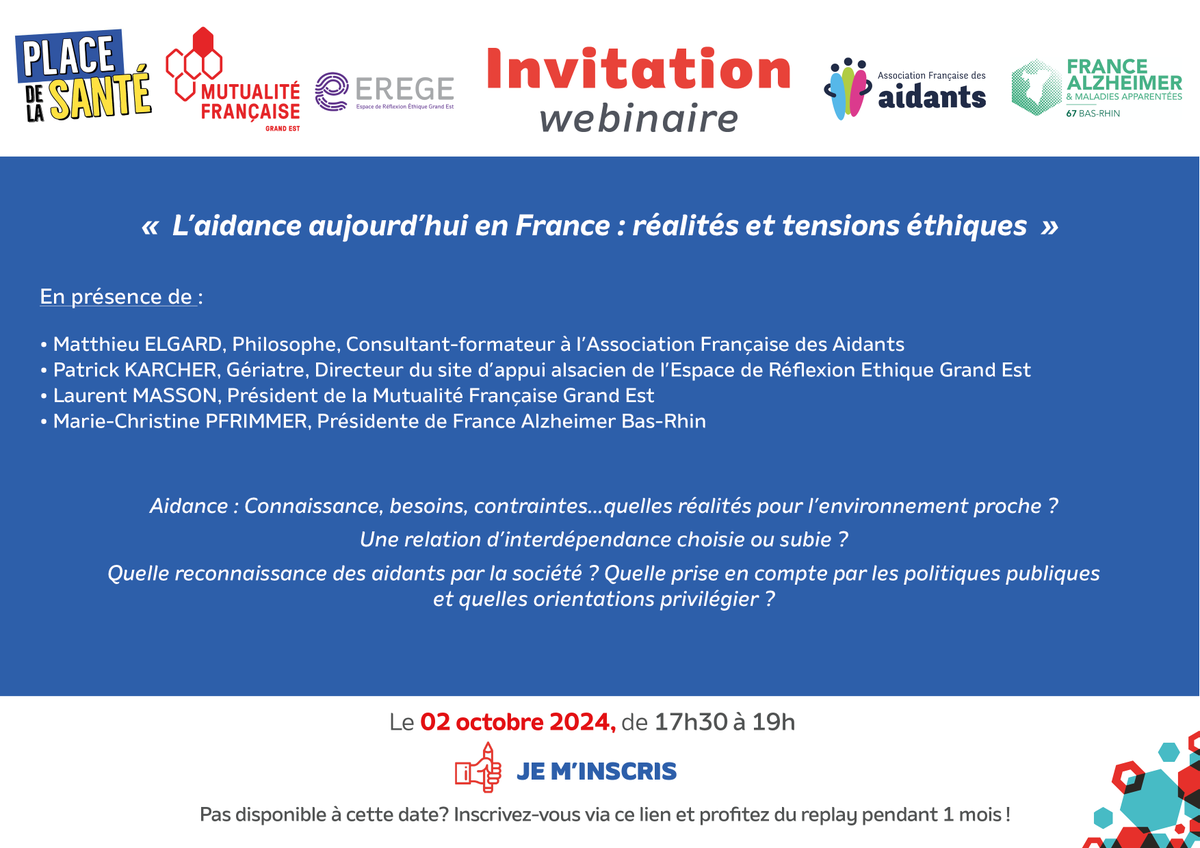 📅 02.10.2024 | 17h30-19h : webinaire "L’#Aidance aujourd’hui en France : réalités et tensions éthiques" | Gratuit, sur inscription : urlr.me/HyrKP | Organisé par #PlaceDeLaSanté - <a href="/mutualite_fr/">Mutualité Française</a>, <a href="/MFGrandEst/">MutualitéF.Grand Est</a>, #Erege, <a href="/AssoAidants/">Aidants</a> &amp; <a href="/FranceAlzheimer/">France Alzheimer et maladies apparentées</a> Bas-Rhin